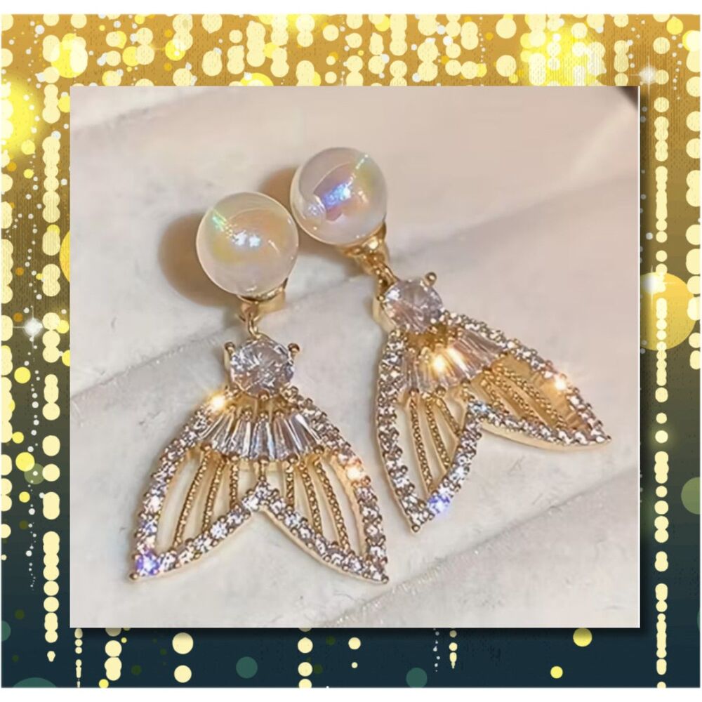 Crystal Mermaid Tail Dangles from Large Iridescent Pearl Earrings